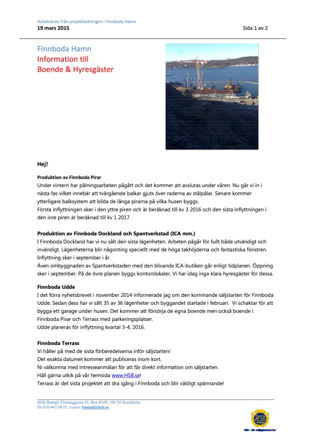 Finnboda Nyhetsbrev 19 mars 2015