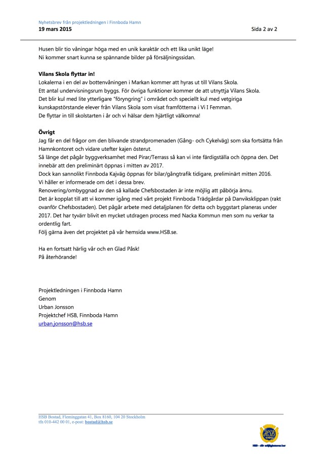 Finnboda Nyhetsbrev 19 mars 20152